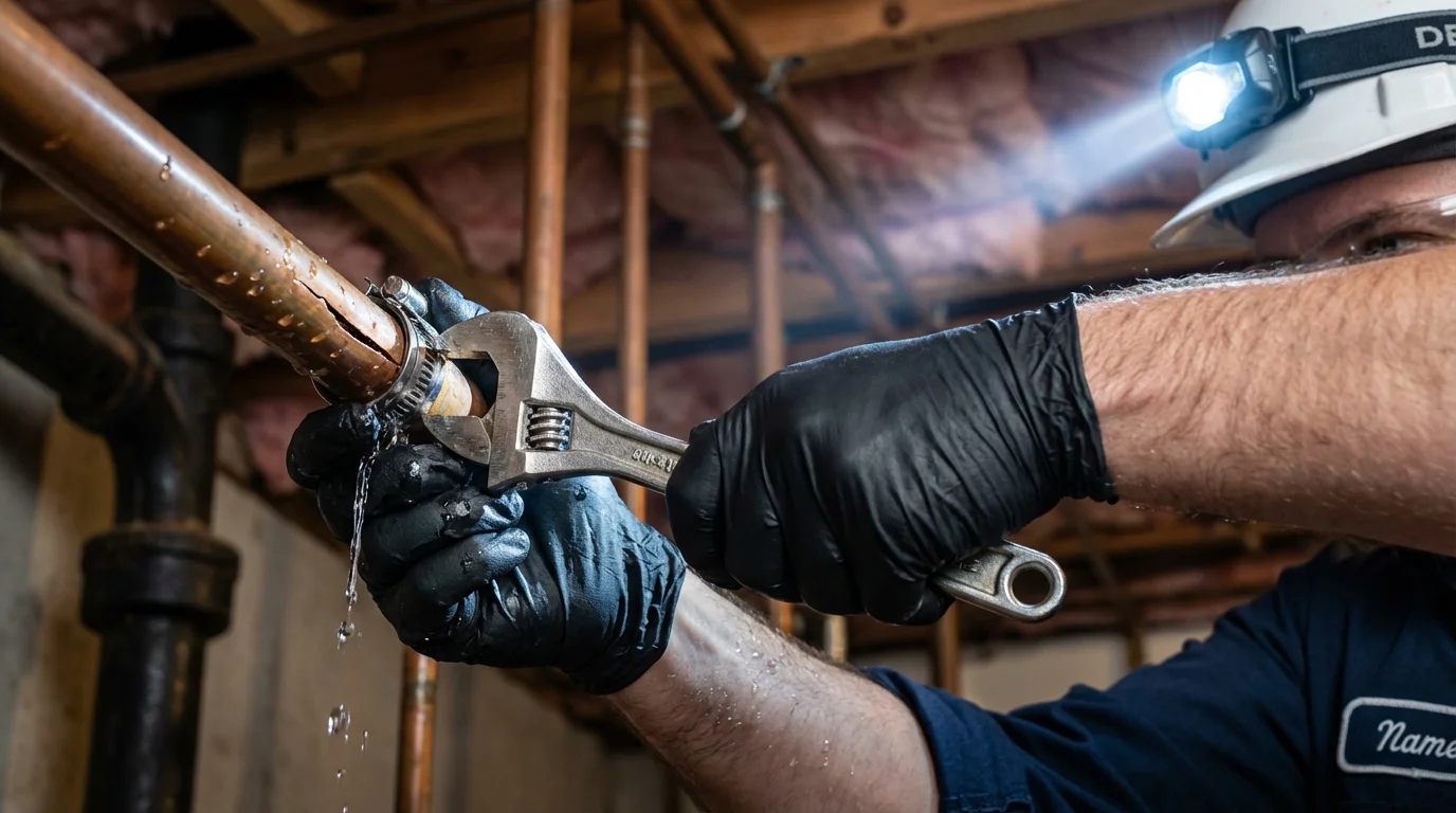 Emergency pipe clamp repair being performed by a Johns Plumbing LLC plumber in Markham
