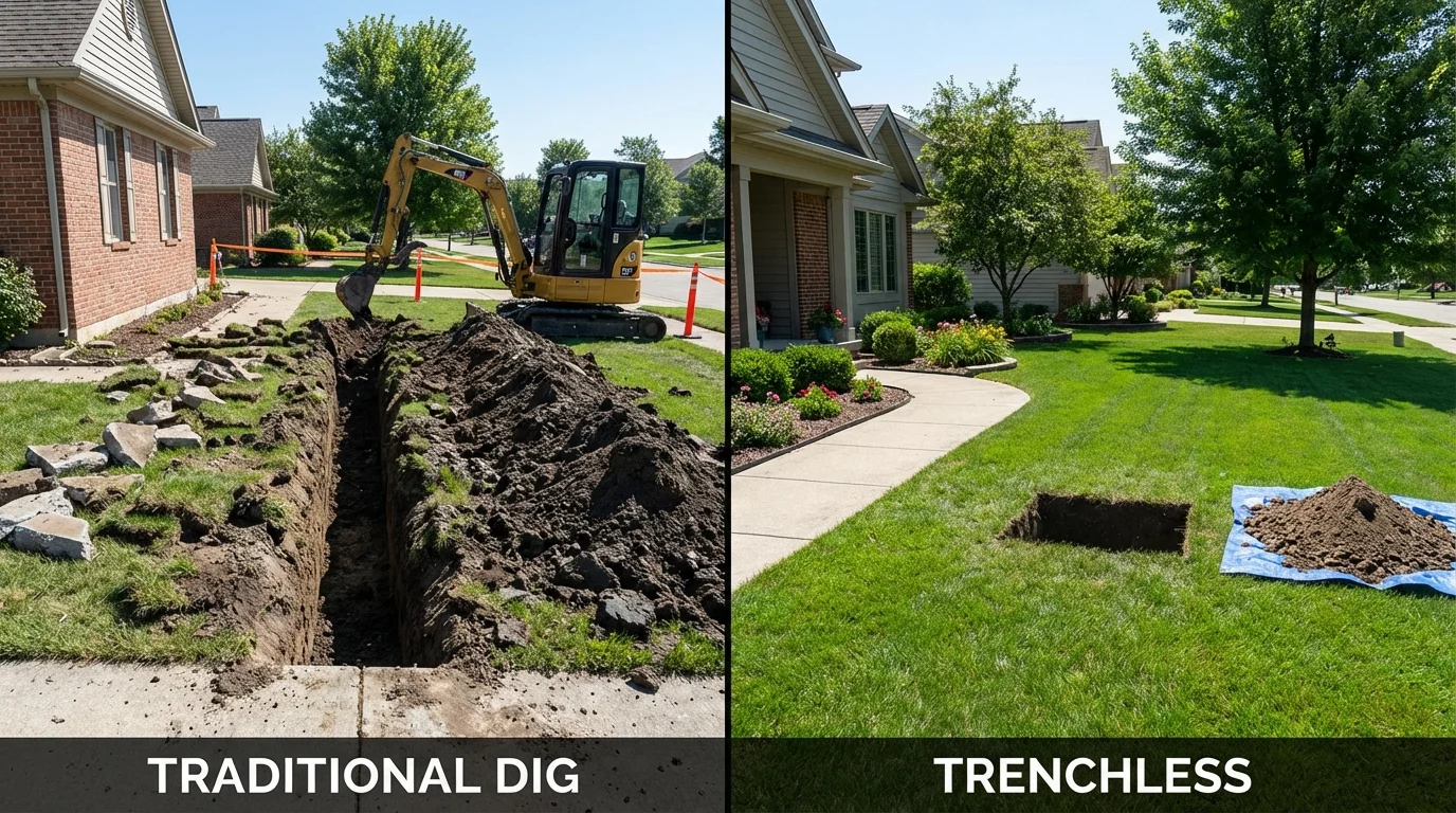 Trenchless sewer repair with minimal yard damage versus traditional excavation in Markham, TX